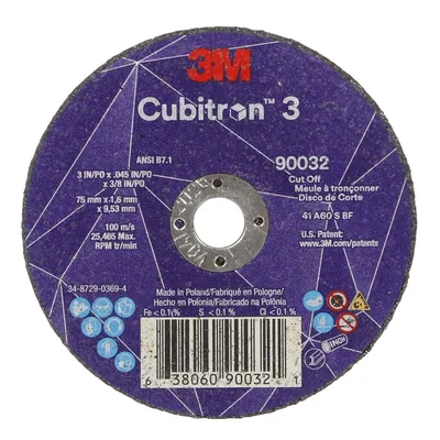 3M™ Cubitron™ 3 Cut-Off Wheel, 90032, 60+, T1, 3 in x 0.045 in x 3/8 in (75 x 1.6 x 9.53 mm), ANSI