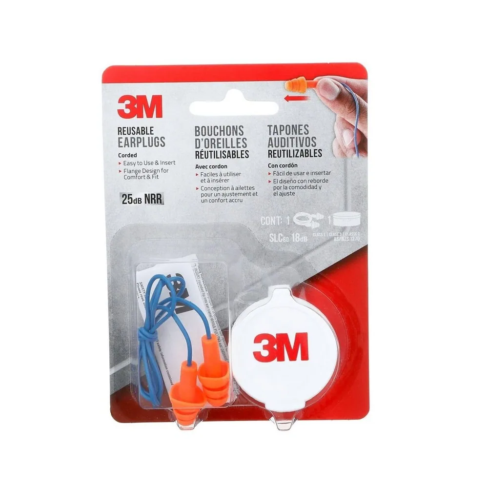3M™ Tapones Auditivos Reutilizables con Cordón, 90586H1-DC, 1 par con estuche/paquete