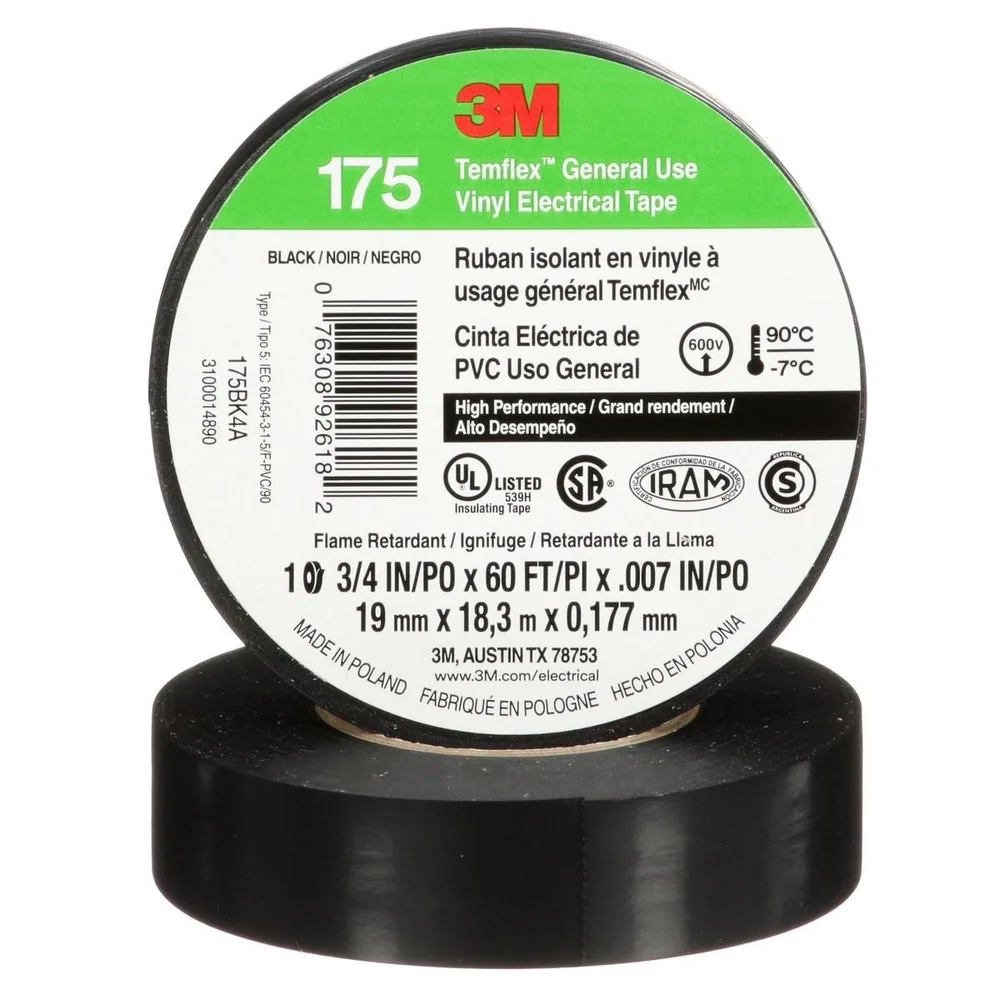 Cinta de Aislar de Vinil 3M™ Temflex™ 175, Negro, 3/4 pulgadas x 60 ft (19 mm x 18 m), 7 mil