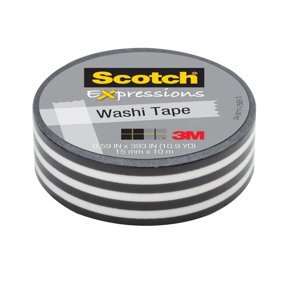 Cinta Scotch® Expressions Washi C314-P43, 0.59 in x 393 in (15 mm x 10 m) Raya Negra