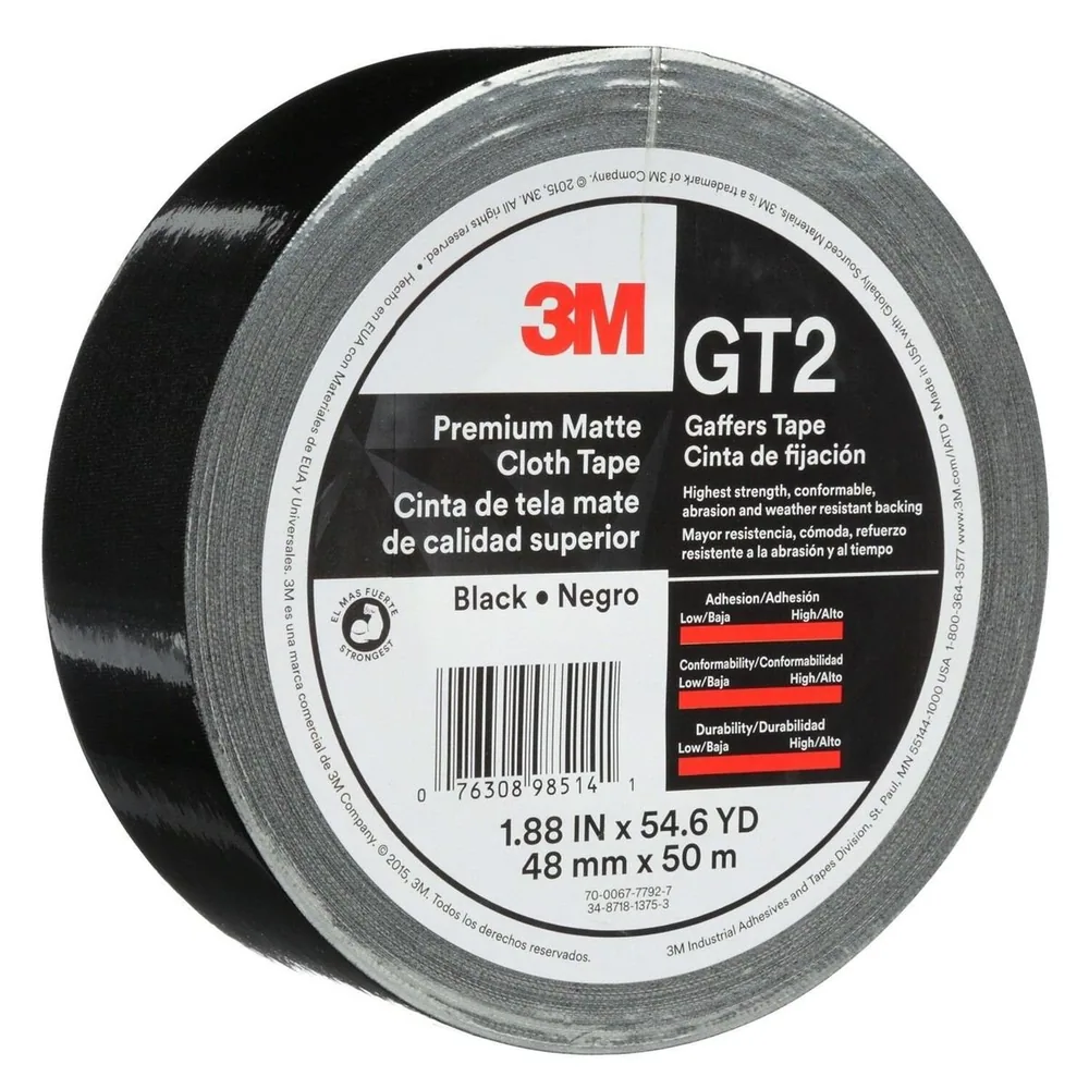 Cinta de Tela Mate Premium (Gaffer) 3M™ GT2, Negra, 48 mm x 50 m, 11 mil