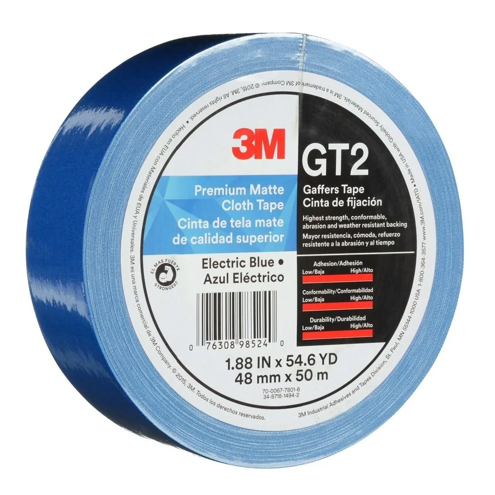 Cinta de Tela Mate Premium (Gaffer) 3M™ GT2, Azul Eléctrico, 48 mm x 50 m, 11 mil