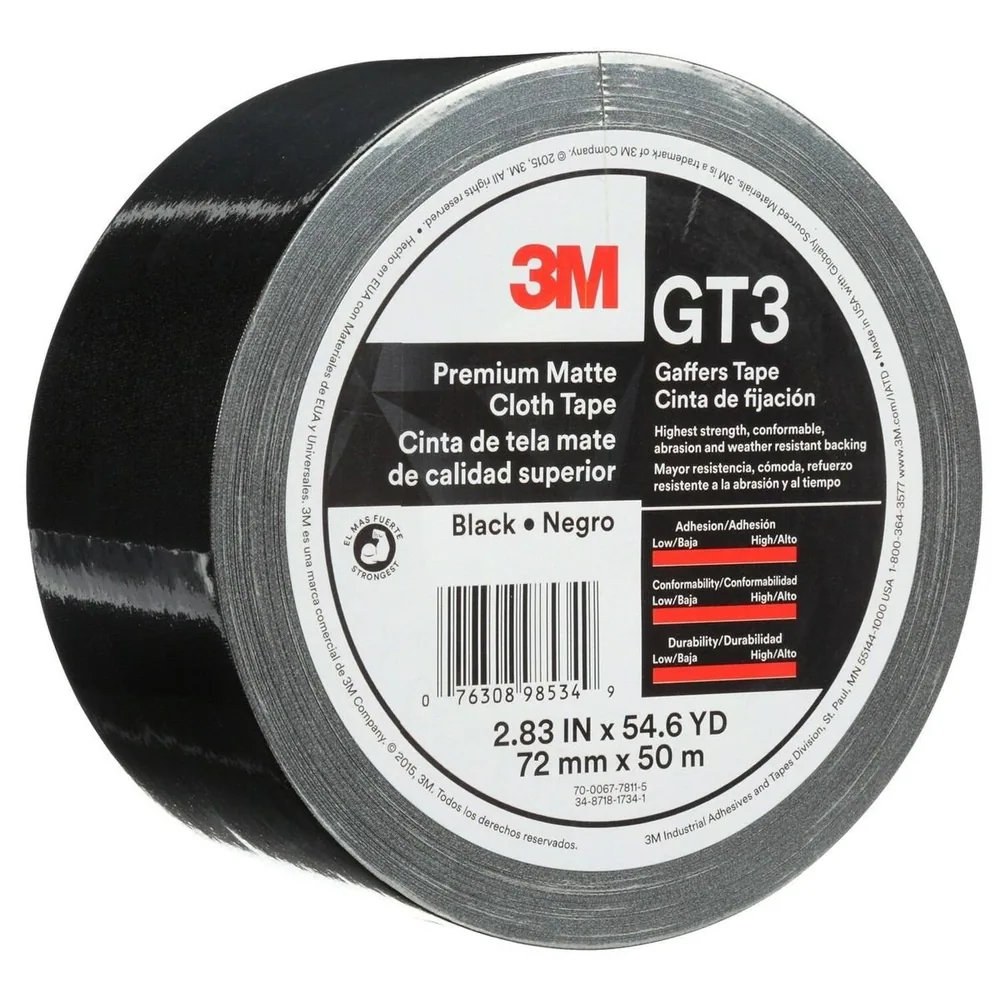 Cinta de Tela Mate Premium (Gaffer) 3M™ GT3, Negra, 72 mm x 50 m, 11 mil