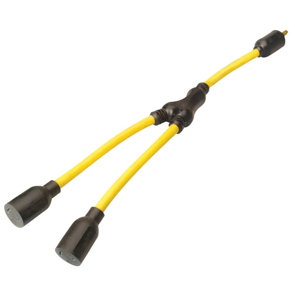 SOUTHWIRE, ADAPTADOR GENERADOR 12/3 STW 20" AMARILLO TIPO "Y" TORNILLO-BLOQUEAR CON ENCHUFE NEMA L5-20P NEGRO Y (2) RECEPTÁCULOS L5-20