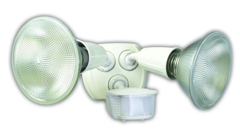 LÁMPARA DE SEGURIDAD CON SENSOR DE MOVIMIENTO TIPO 180 GRADOS, DOBLE CABEZAL, CONSTRUCCIÓN FUNDIDA, MÁXIMO 120W PAR
