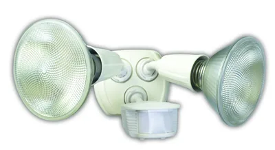 LÁMPARA DE SEGURIDAD CON SENSOR DE MOVIMIENTO TIPO 180 GRADOS, DOBLE CABEZAL, CONSTRUCCIÓN FUNDIDA, MÁXIMO 120W PAR