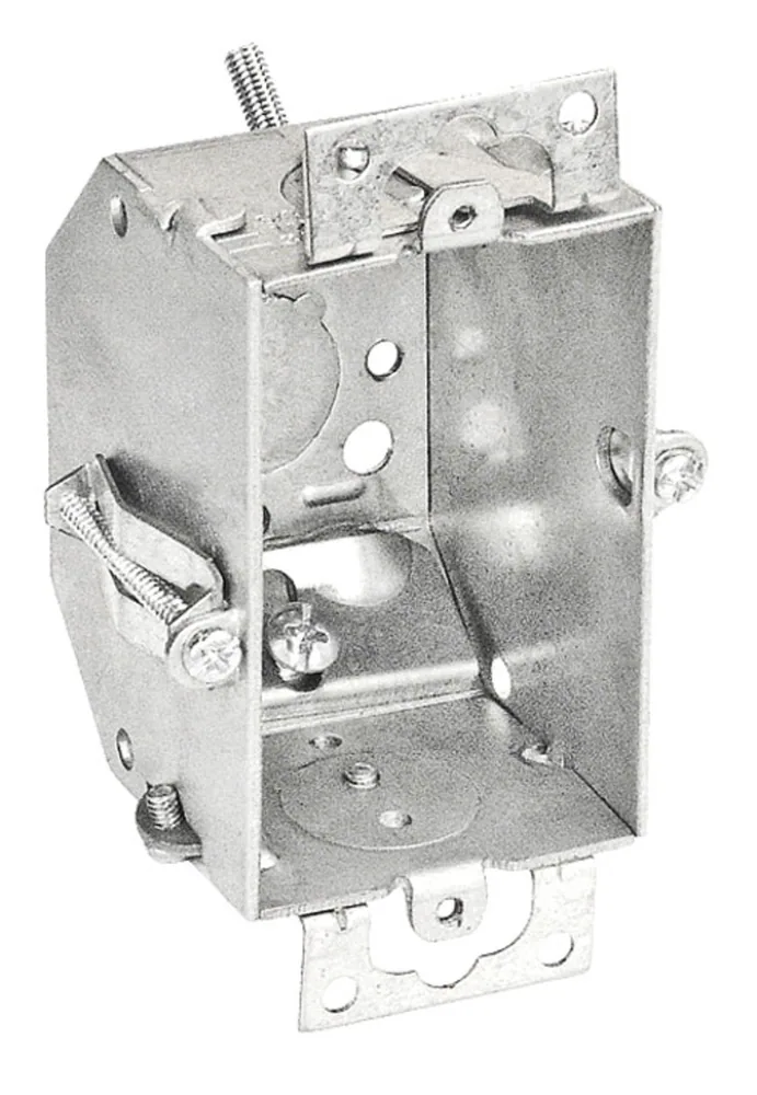 Caja de Interruptor de Esquina Biselada Profundidad 2-1/4 in. Con Abrazaderas de Cable Tipo Nylon Sin Metales y Clips Antiguos y Orejas