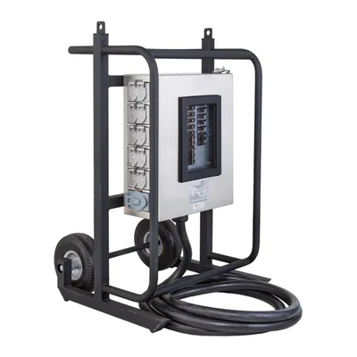 CARRITO DE DISTRIBUCIÓN DE ENERGÍA 120/208V 100A 12 CIRCUITOS CON 2 RUEDAS, 10 x 120V/20A DUPLEX 5-20 GFCI TIERRA + 2 x 208V/30A L6-30