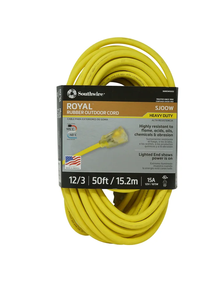 SOUTHWIRE, ROYAL 12/3 SJOOW 50' YELLOW RUBBER EXTENSION CORD WITH POWERLIGHT INDICATOR