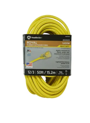 SOUTHWIRE, ROYAL EXTENSIÓN 12/3 SJOOW 50 FT CAUCHO AMARILLO CON INDICADOR DE ENERGÍA