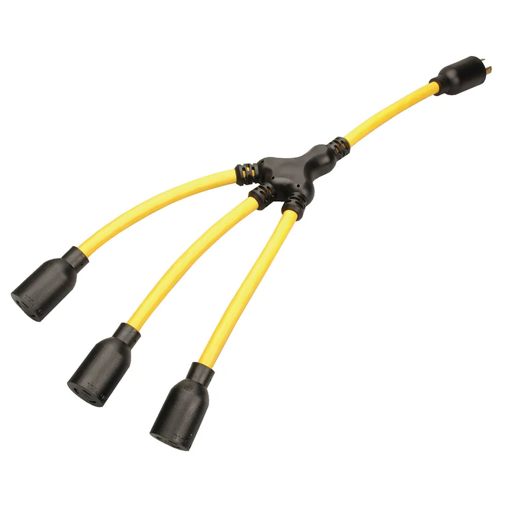 12/3 STW 2' Yellow Twist-to-Lock "W" Generator Adapter with NEMA L5-20 Black Plug and (3) L5-20 Receptacles