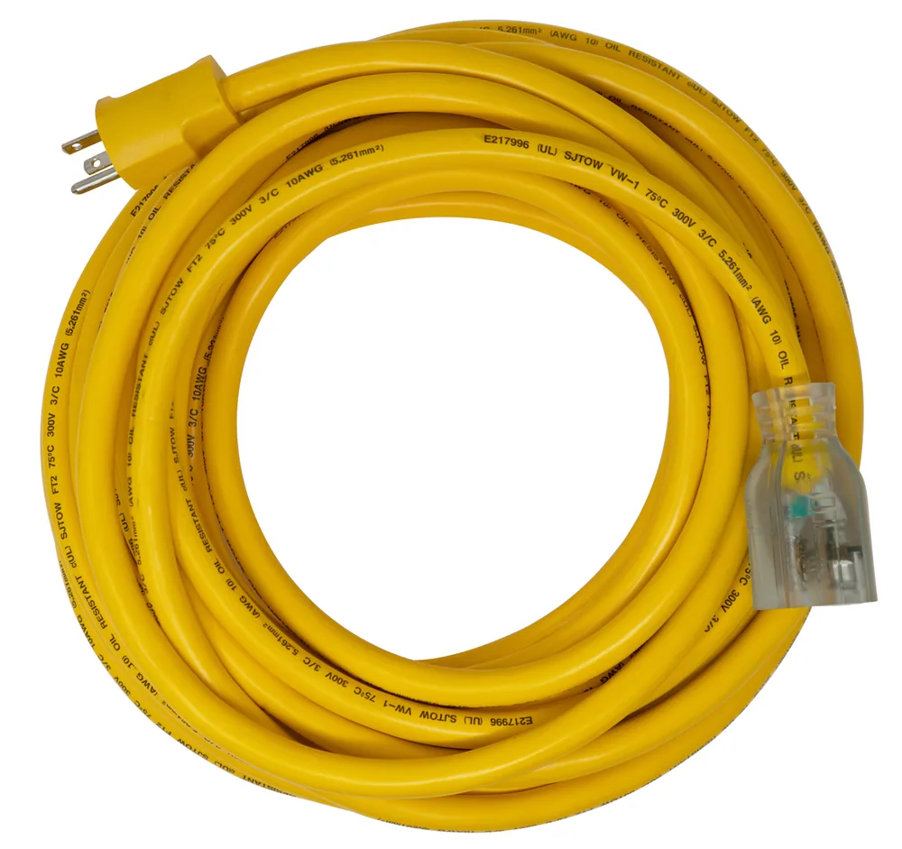 SOUTHWIRE, 10/3 SJTOW 50 FT EXTENSIÓN AMARILLA PARA GENERADOR CON ENCHUFE NEMA 5-20 AMARILLO Y RECEPTÁCULO CON INDICADOR DE LUZ