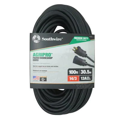 SOUTHWIRE, AGRIPRO 14/3 SJTOW 100' NEGRO EXTENSIÓN ELÉCTRICA PARA TALLER/GRANJA AL AIRE LIBRE