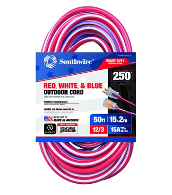 SOUTHWIRE, 12/3 SJTW 50' ROJO/BLANCO/AZUL EXTENSIÓN ELÉCTRICA EXTERIOR CON INDICADOR DE LUZ DE ENERGÍA, EDICIÓN ANIVERSARIO 250 AÑOS EUA
