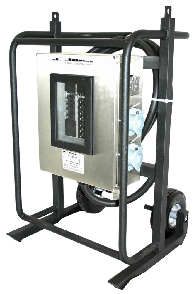 120/208V 100A 6-CIRCUIT 2-WHEEL POWER DISTRIBUTION CART, 4 X 120V/208V20A L21-20 + 2 X 120V/20A 5-20 DUPLEX GFCI U-GROUND