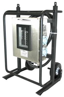 CARRITO DE DISTRIBUCIÓN DE ENERGÍA 120/208V 100A 6 CIRCUITOS CON 2 RUEDAS, 4 X 120V/208V 20A L21-20 + 2 X 120V/20A DUPLEX 5-20 GFCI TIERRA