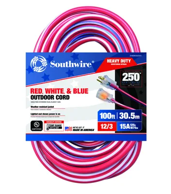 SOUTHWIRE, 12/3 SJTW 100' ROJO/BLANCO/AZUL EXTENSIÓN ELÉCTRICA EXTERIOR CON INDICADOR DE LUZ DE ENERGÍA, EDICIÓN ANIVERSARIO 250 AÑOS EUA