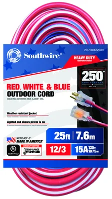 SOUTHWIRE, 12/3 SJTW 25' ROJO/BLANCO/AZUL EXTENSIÓN ELÉCTRICA EXTERIOR CON INDICADOR DE LUZ DE ENERGÍA, EDICIÓN ANIVERSARIO 250 AÑOS EUA