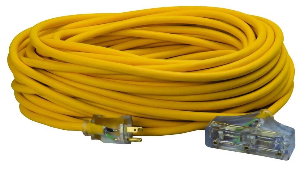 SOUTHWIRE, POLAR SOLAR 12/3 SJEOOW YELLOW TRI-TAP 100' OUTDOOR COLD WEATHER EXTENSION CORD WITH POWER LIGHT INDICATOR