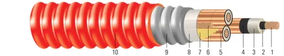 Cobre comprimido 15kV con aislamiento NLEPR 133% IL, armadura AIA, cubierta PVC roja. MV 105 - Apto para charola - Resistente a la luz solar - Para enterramiento directo