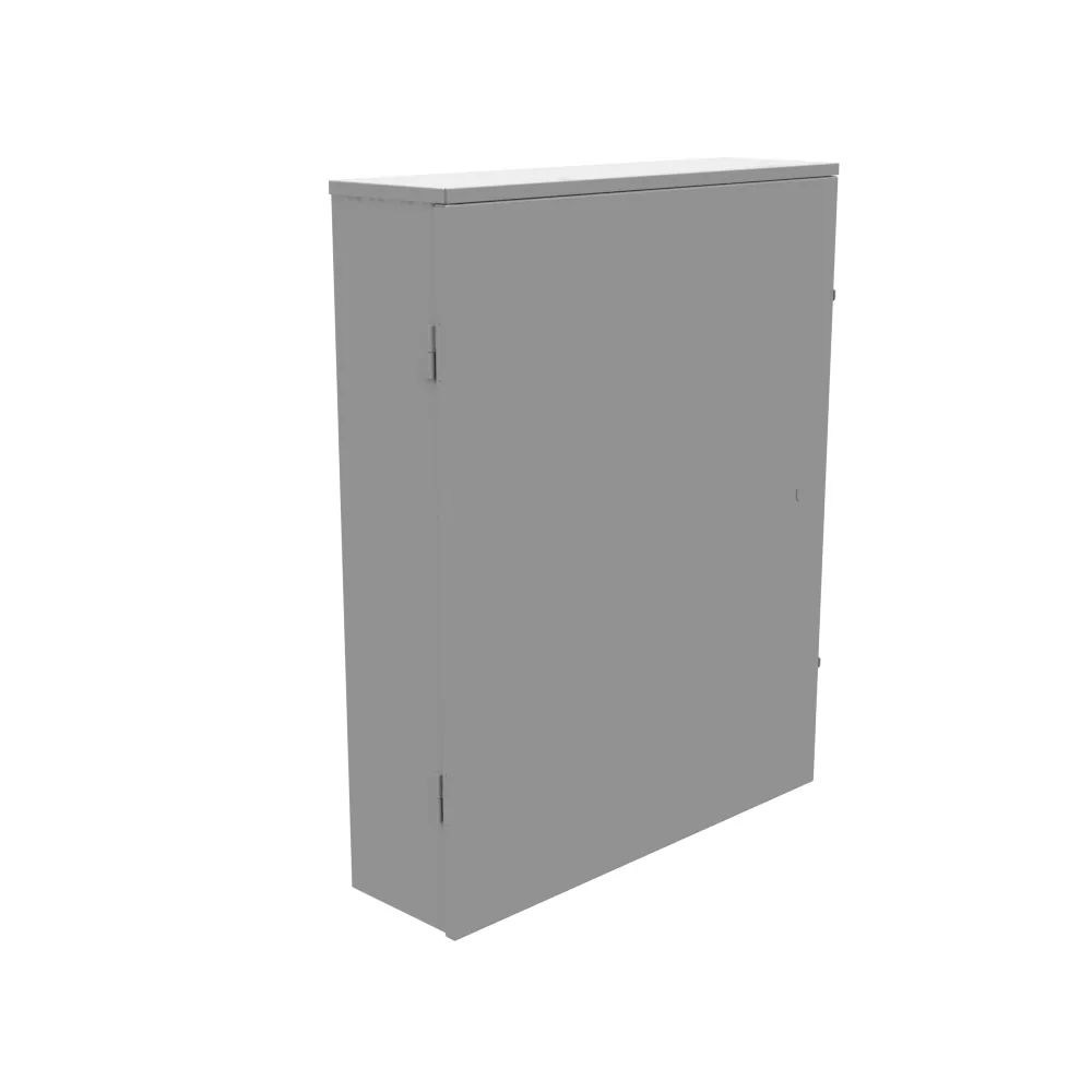 30x6x24 Tapa embisagrada Tipo 3R Listado UL Acero gris ANSI 61 sin troqueles Panel posterior con pernos de soldadura Visera contra goteo embossed Agujeros de montaje en la parte posterior Cerrojo de palanca con candado