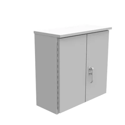 30X12X30 Hinge Cover UL Listed Type 3R Aluminum No Knockouts ANSI 61 Gray Double Doors Back Panel Weld Studs Padlocking 3PT Handle Wood Back Board Installed