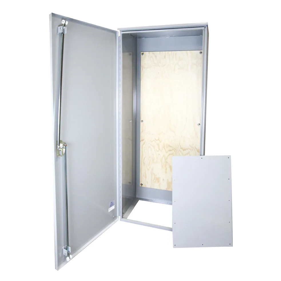 72X20X30 Telephone Cabinet UL Listed Type 3R Steel No Knockouts ANSI 61 Gray Wood Back Board Installed Padlocking Draw Latch Quad D Knockout for Lock