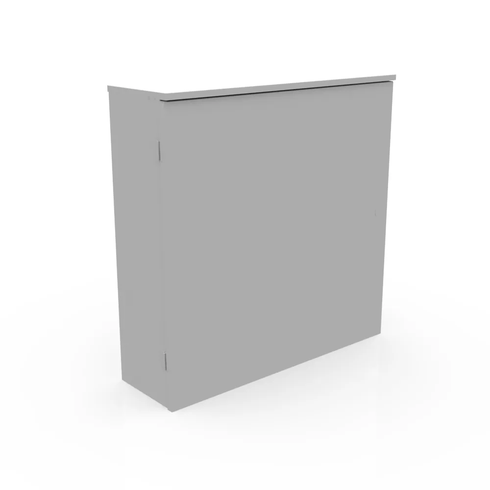 36x10x36 Hinge Cover Type 3R UL Listed Steel No Knockouts ANSI 61 Gray Back Panel Weld Studs Drip Shield Emboss Mounting Holes in Back Padlocking Draw Latch Quad D Knockout for Lock
