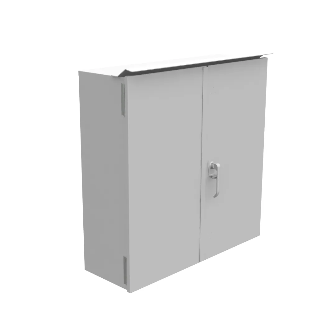 Tapa embisagrada 36x12x36 Tipo 3R UL Certificada Acero Sin Troqueles Gris ANSI 61 Puertas Dobles Panel Posterior Espárragos Soldados Cierre Abierto con Candado Manija de 3 Puntos Visera Contra Goteo Puertas Superpuestas