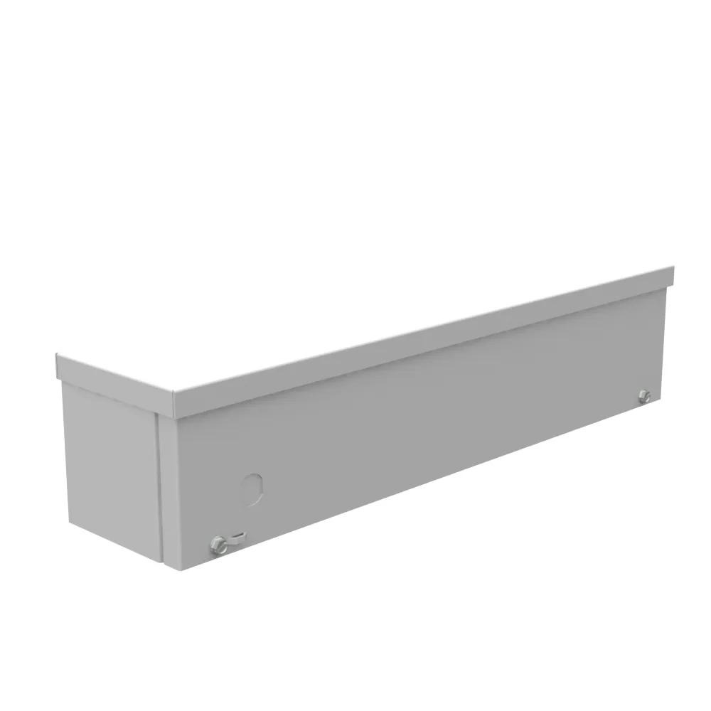 Ducto cuadrado 4x18x4 con tapa atornillada, con troqueles, acero gris ANSI 61, tipo NEMA 3R, listado UL, con troquel tipo D cuádruple para cerradura