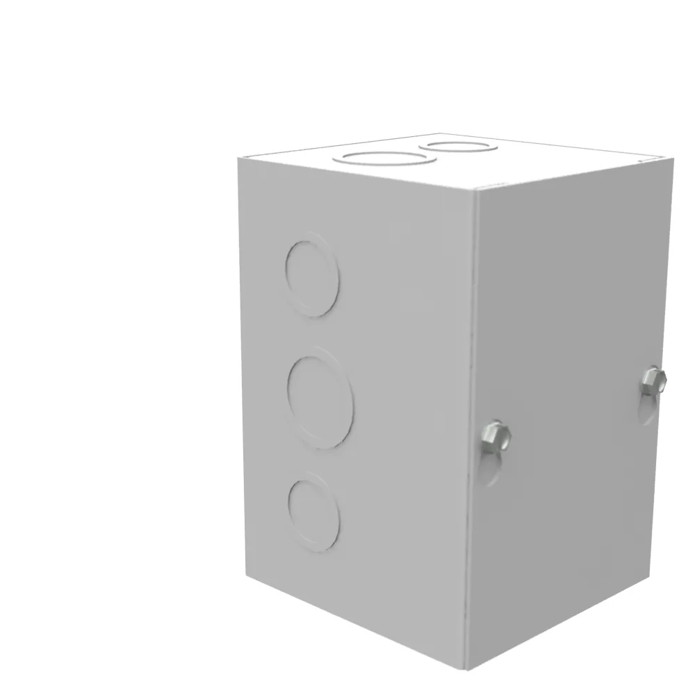 Gabinete 6X4X4, tapa atornillada, certificado UL, Tipo 1, acero, con troqueles, gris ANSI 61, tapa en blanco instalada