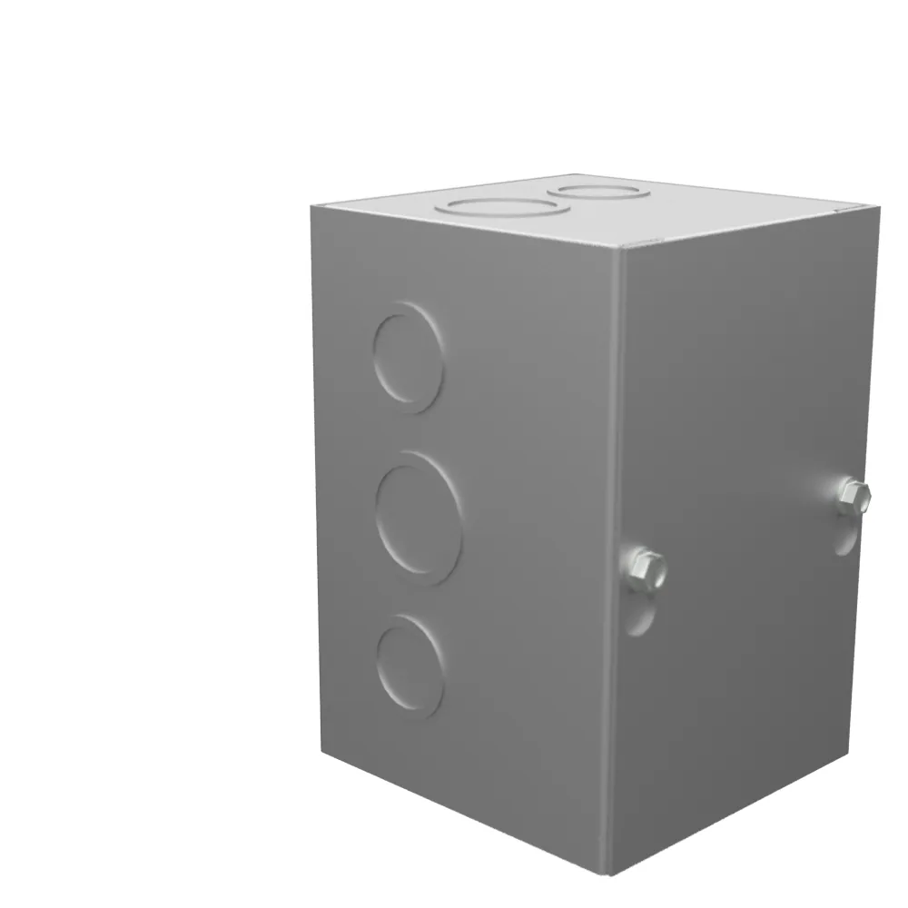 Gabinete con tapa atornillada 6x4x4 Tipo 1 Certificada por UL Acero Con troqueles Sin pintura Tapa con ranuras tipo gota Agujeros de montaje en la parte posterior