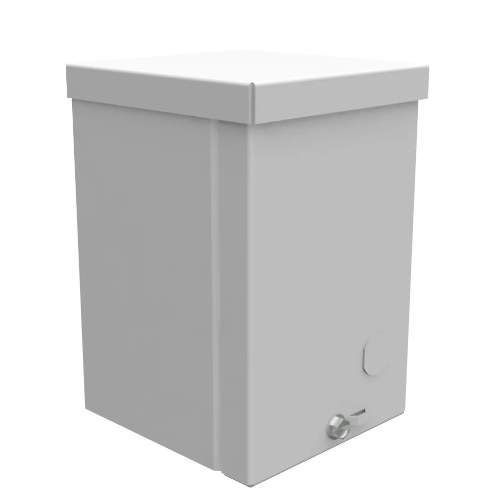 Gabinete 6x4x4, tapa atornillada, Tipo 3R, certificado UL, acero, sin troqueles, gris ANSI 61, troquel Quad D para candado, emboss, agujeros de montaje en la parte posterior