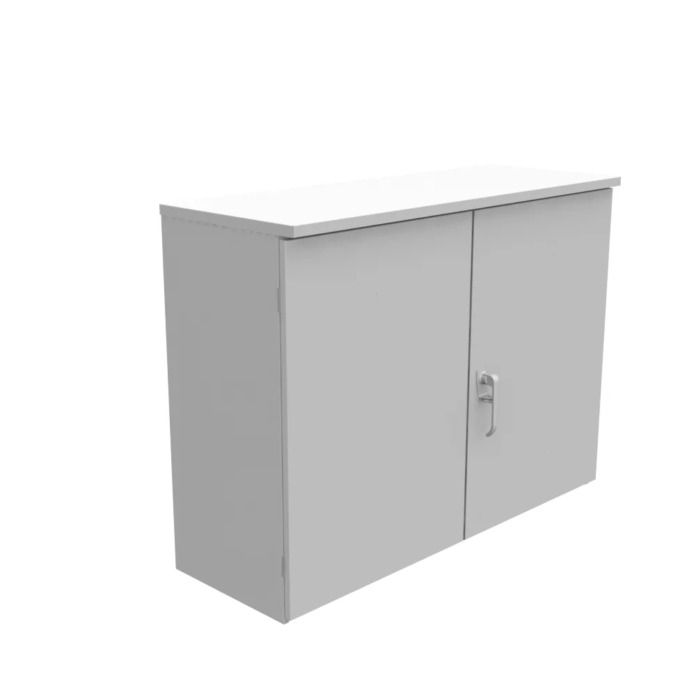 Tapa embisagrada 36x16x48 UL Certificada Tipo 3R Acero Sin Troqueles Gris ANSI 61 Puertas Dobles Panel Posterior Espárragos Soldados Cierre Abierto con Candado Manija de 3 Puntos