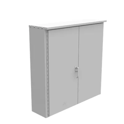 48X12X48 Hinge Cover UL Listed Type 3R Steel No Knockouts ANSI 61 Gray Double Doors Back Panel Weld Studs Padlocking 3PT Handle Wood Back Board Installed Back Stiffeners