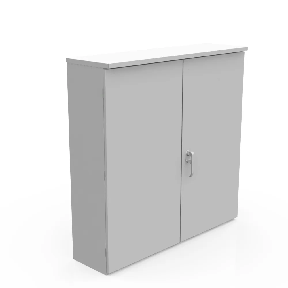 GABINETE 48X12X48 TAPA EMBISAGRADA TIPO 3R ACERO CERTIFICADO UL SIN TROQUELES GRIS ANSI 61 PUERTAS DOBLES PANEL POSTERIOR CON PERNOS SOLDADOS DISPOSICIÓN PARA CANDADO MANIJA DE 3 PUNTOS PANEL POSTERIOR DE MADERA INSTALADO