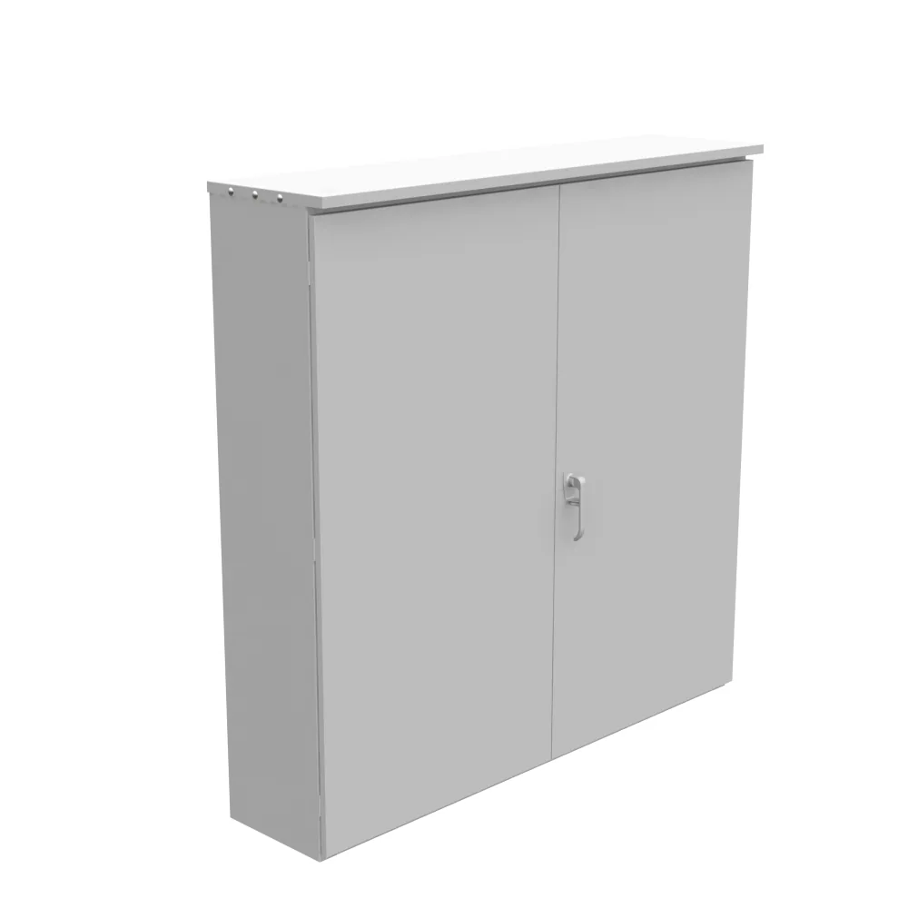 60x13x60 Tapa Embisagrada Tipo 3R UL Listed Acero Sin Troqueles Gris ANSI 61 Puertas Dobles Panel Posterior de Madera Instalado Manija en Lado Derecho Cierre con Candado 3PT Visera contra Goteo Unistrut Instalado