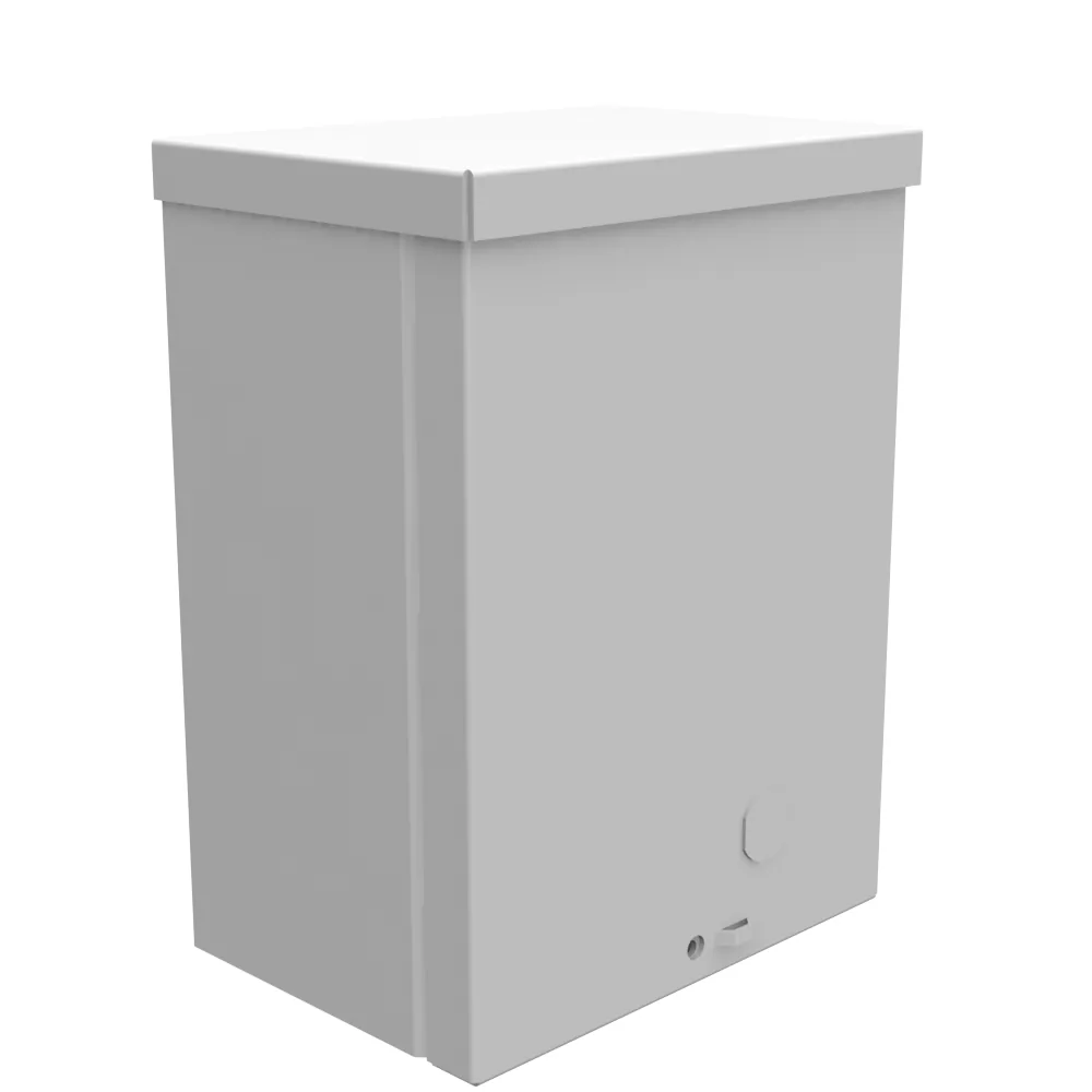 Gabinete 8X4X6 con tapa atornillada, listado UL, Tipo 3R, acero, con troqueles, gris ANSI 61, troquel Quad D para candado