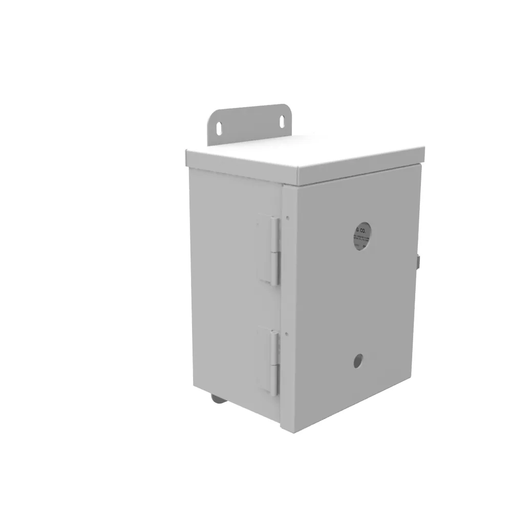 8x4x6 Hinge Cover Type 3R UL Listed Steel Knockouts ANSI 61 Gray Back Panel Weld Studs Drip Shield Emboss Mounting Holes in Back Padlocking Draw Latch Quad D Knockout for Lock SP