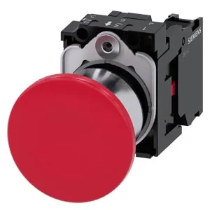 Pulsador tipo hongo 22 mm redondo, frente metálico, rojo, con contactos